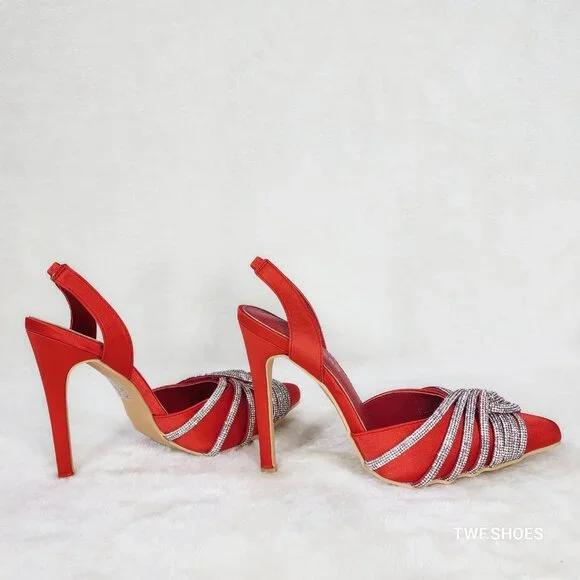 Elegance Slip on Slingback Red Satin Rhinestone Pointy Toe High Heels Shoes - Picture 7 of 12